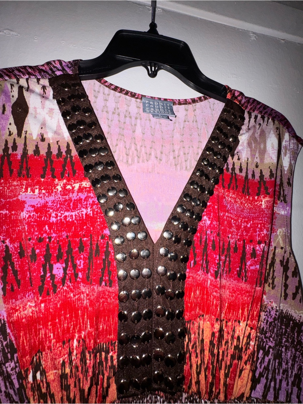 Rabbit Rabbit Rabbit Designs Dress Size 8 Multicolor Studded V Neck Boho - Picture 2 of 9